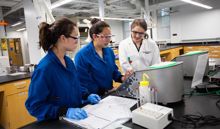 A Professor and students work in a chemistry lab.